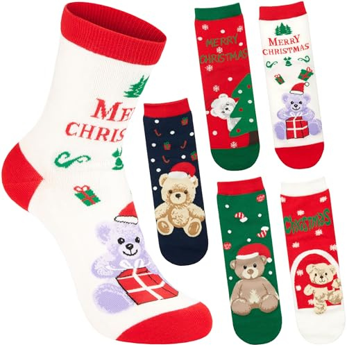 BRUBAKER 5 Par Julsockor för Damer - Nalle Merry Christmas - Roliga Sockor för Julen och Förjulstiden - Färgglatt Sockset - Perfekt Present för Kvinnor - Rosa, Blå, Röd, Vit och Grön - Storlek 30-35