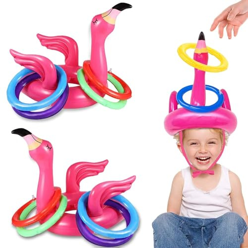 2 Gioco di Lancio Gonfiabili di Fenicotteri, Gioco di Lancio dell'Anello per Bambini, Cappelli per Feste di Gioco di Lancio, Giocattolo da Piscina per Bambini con Anelli di Lancio