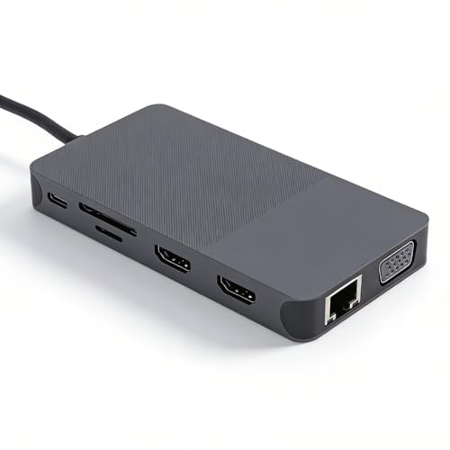 Dpofirs Estación de Acoplamiento USB C, Estación de Acoplamiento para Computadora Portátil, Pantalla de 3 Monitores con 2 HDMI, LAN, VGA, 2 USB 3.0, Extensor Divisor HDMI