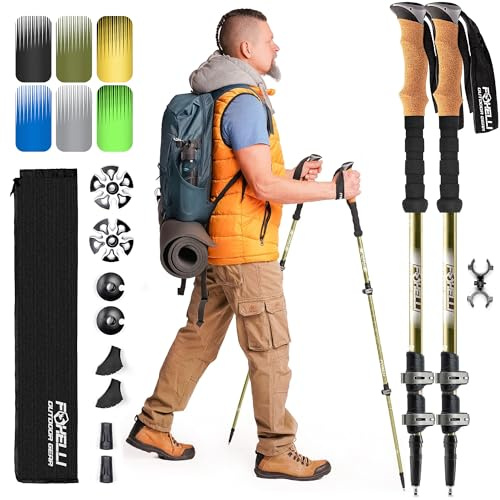 Foxelli Trekking Poles - 2-pc Pack Collapsible Lightweight Hiking Poles, Strong Aircraft Aluminum Adjustable Walking Sticks with Natural Cork Grips and 4 Season All Terrain Accessories