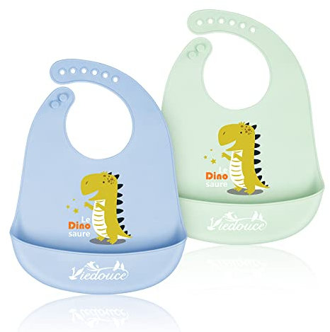 Viedouce Baby Lätzchen,Wasserdicht Silikon Babylätzchen mit 6 verstellbaren Tasten,Baby Dribble Lätzchen für Jungen Mädchen,Super weich & leicht abwischen (2er Pack）