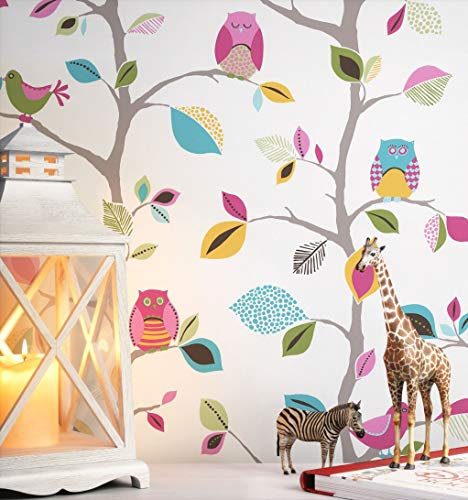 NEWROOM Kindertapete bunt Eule Baum Kinder Papiertapete gelb Papier Kindertapete Kinderzimmer Babytapete Babyzimmer