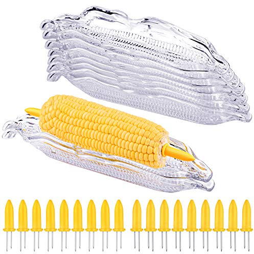Elcoho 9 Pack Plastic Corn Trays Transparent Corn Dishes with 18 Pieces Stainless Steel Corn Holders on the Cob Skewers Cob Dinnerware