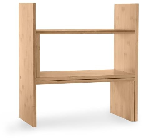 Adjustable Bamboo Desk Organiser with Drawers & Shelves – Desktop Storage Rack for Home Office, Books, Stationery & Accessories – Multipurpose Wooden Shelf | M&W