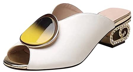 Woaikeyu Sandali da donna, alla moda, estivi, tacco spesso, bocca, punta aperta, tacco medio, grande, slip on pantofole casual scarpe da donna, bianco, 41 EU