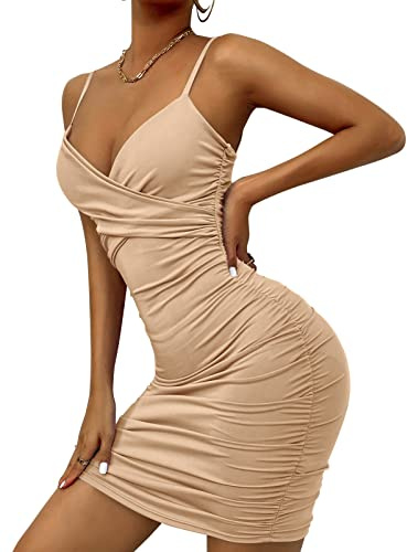 AIEOE Vestito con Bretelle Aderente Donna Sexy con Scollo V e Schiena Nuda Elegante Corto Taglia S Cachi
