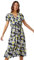Roman Originals Shirred Empire Waist Dress for Women UK Ladies Midi Maxi Summer Spring Tiered Frill Hem Short Sleeve V Neck Button Through Boho Bohemian Holiday Cruise - Yellow Black - Size 12
