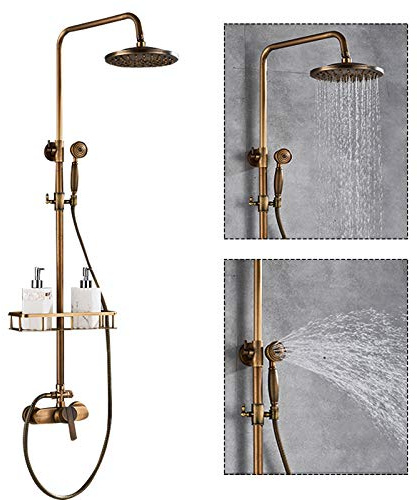 Duschsystem mässing antik duscharmatur set retro guld dusch huvuddusch duschpelare regndusch handdusch huvud med förvaringshylla, justerbar höjd 75–120 cm