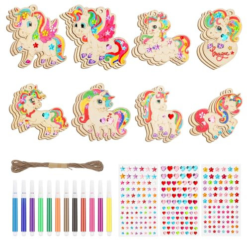 RosewineC 24 Stück Einhorn Basteln Regenbogen Basteln Kindergeburtstag Einhorn Holz Bastelset Unicorn Bemalen Holz Basteln mit 12 Aquarellstift, 3 Aufkleber, 1 Hanfseil für DIY Handwerk Kinder Malerei