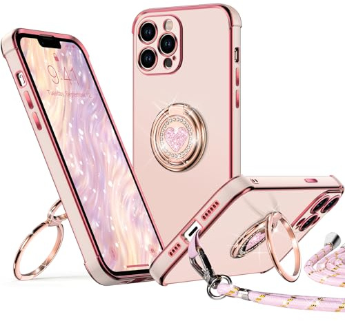 XYZ für iPhone 13 Pro Max Hülle mit Band, Herz Doppelring Ständer HandyHülle Handykette Frauen Mädchen Dünn Stoßfeste Anti-Kratzt SchutzHülle für iPhone 13 Pro Max Case, Rosa
