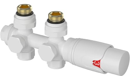 [neu.haus] Kit Valvole Termostatiche Set di Collegamento Multiblock per Termoarredi Bitubi ad Acqua Calda Testa Termostatica a 5 Livelli Regolabili - Bianco