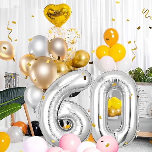 Palloncini Compleanno 60 Anni Argenteo - Decorazioni per Uomo e Donna - Pallone Numero Gonfiabile in Foil Beige 40 Pollici
