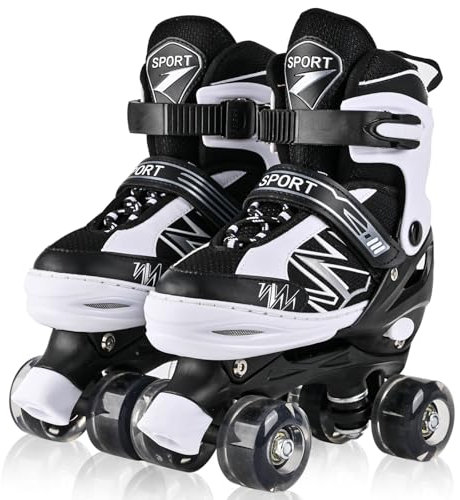 LOKJIJI Rollschuhe für Kinder Jungen Mädchen Anfänger, Einstellbar 4 Größen für Kinder und Jugendliche Teenager, Quad Schwarz & Weiß Rollschuhe für Sport (Medium_32-36 EU)