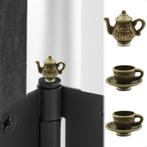 Hinge Head Tea Cup Set of 3 - Door Hinge Heads Decorative Topper Miniature - Cottagecore Magnetic Hinge Head Home Decoration - Whimsical Home Decor (Antique Bronze)
