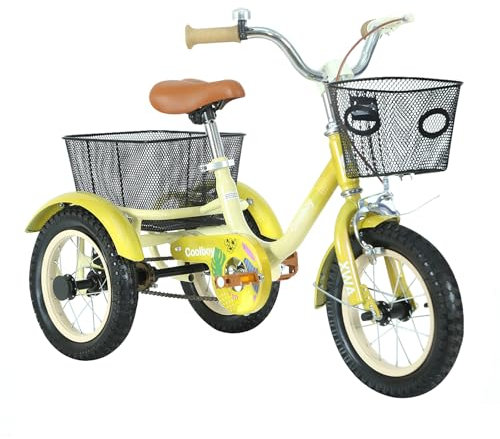 Glyncipher 12 inch Trike, Kids Tricycle, Ages 3+, Beginner Riders, Front & Rear Basket, Passenger Seat, Yellow