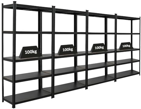PROREGAL Mega Deal 4X All Black Series étagère pour Charges Lourdes Ragnar | HxLxP 180x90x45cm | Capacité de Charge 100kg | Noir Mat