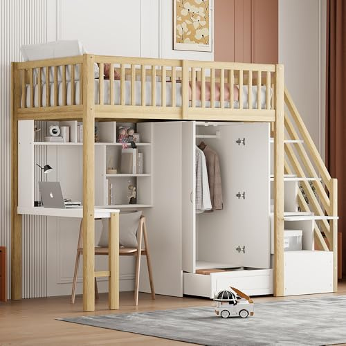 Sapgaks Lit Mezzanine 90 x 200 cm, Bureau sous lit, étagères de Rangement et Grande Armoire, lit Mezzanine en Bois Massif avec escalier de Rangement sécurisé, Coloris Naturel (Matelas Non Inclus)