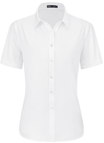 J.VER White Shirts for Women Summer Fitted Stretch Short Sleeve Business Casual Button Down Shirt Formal Dress Work Ladies Tops Blouses 2XL