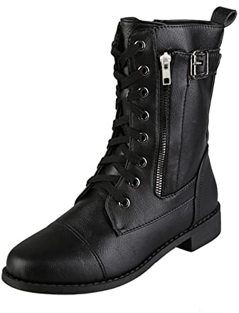 Generisch Bottines de moto pour femmes Bottes épaisses latérales Bottes à talons Fermeture éclair Chevalier Bottes pour femmes Militaire Extérieur, Noir , 38 EU