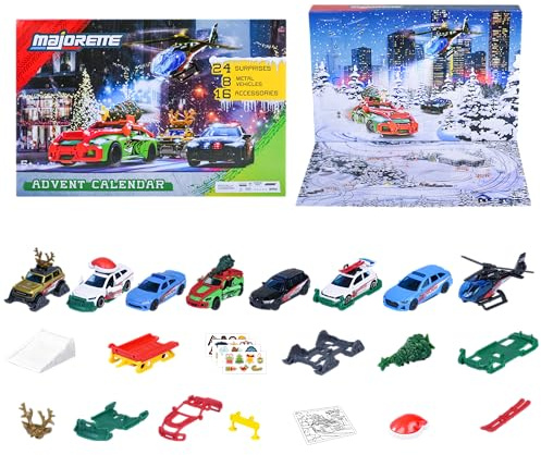 Majorette - Calendario dell'avvento 2025, 24 sorprese, 8 veicoli in metallo in scala 1:64, 16 accessori, 8504107000