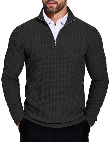 COOFANDY Jersey de Cuello Alto Hombre Manga Larga Invierno Suéter Cálido Noruego Media Cremallera Business Troyer Trabajo Negro