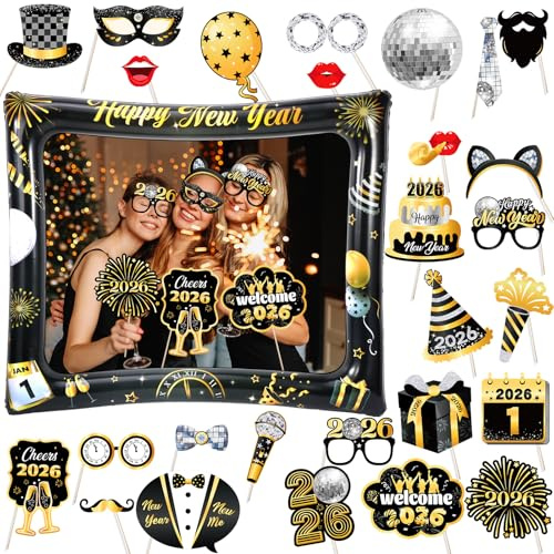 HOWAF Accesorios Photocall Nochevieja 2026, Feliz Año Nuevo Marco de Fotos Inflable Happy New Year Gafas Fin de Año para Decoracion Fin de Año, Cotillon Nochevieja 2026, Set A, Oro Negro