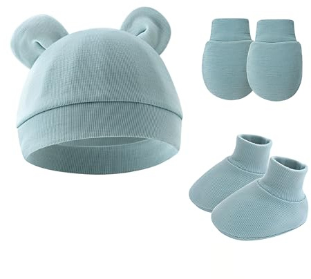 EUYKQNOI 3 Tenues Bonnets de Naissance et Moufles de Protection Bébé Gants Bonnet Nouveau-né Bambin Doux Mignon Tricoté Chapeau 0-6 Mois