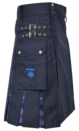 Men’s Scottish Hybrid Utility Kilt - Modern Black Cotton & Acrylic Wool Tartan Kilt for Men with Adjustable Straps & Cargo Pockets