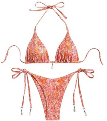GORGLITTER Women's Triangle Bikini Sets Shell Print Halter Tie Top Swimsuits String Side Bottom 2 Piece Beach Swimwear Orange Small