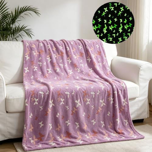 JLCZBT Manta Infantil de Unicornio/Dinosaurio/Mariposas, Brilla en la Oscuridad, con Unicornios, Animales, Regalo para niños y niñas, Manta Suave y cálida (Mariposas, 130 x 150 cm)
