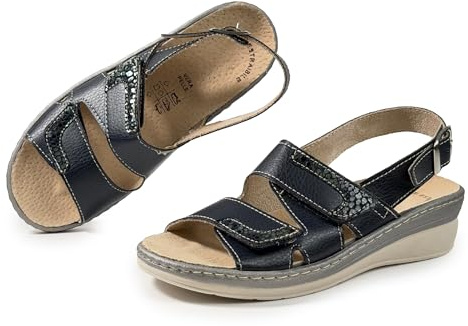 JOMIX Sandali Donna Comodi Ortopedici con Strappo Regolabile e Fibbia al Tallone Plantare Estraibile in Pelle Scarpe Anziani Estivi Traspiranti Ergonomici Anatomici per Piedi Sensibili Blu 37