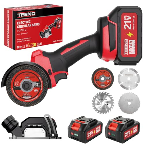 TEENO Sierra Circular con Guia, Sierra Circular de Mano 20000RPM | 2x 4,0Ah Baterías, Compatible con baterías Makita, 4 Hoja de Sierra 76mm, Ángulo ajustable 0-45°, Ideal para Cortar Madera