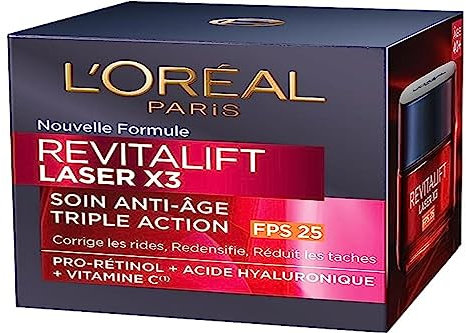 L'Oréal Paris - Soin Visage Anti-Âge FPS 25 - Crème de Jour Triple Action avec Protection UV - À l'Acide Hyaluronique, Pro-Rétinol & Vitamine C - Tous Types de Peaux - Revitalift Laser X3 - 50 ml