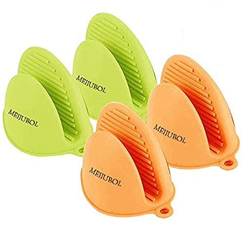 Meijubol Lot de 2 paires de gants épais en silicone résistant à la chaleur (vert et orange) pour la cuisine et la pâtisserie