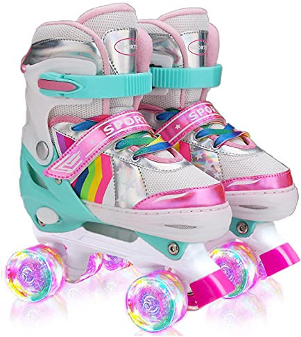 Sumeber Verstellbar Rollschuhe für Kinder,mit Leuchtenden Rädern Roller Skates Bequem und atmungsaktiv Quad Skates für Mädchen Rosa (M(35-38))