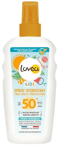LOVEA - Spray Hydratant Kids FPS 50+ - Très Haute Protection Solaire UVA/UVB Visage & Corps - Parfum Abricot - Peaux Sensibles - Résistant À L'Eau - Vegan - Fabriqué En France - 150 ml