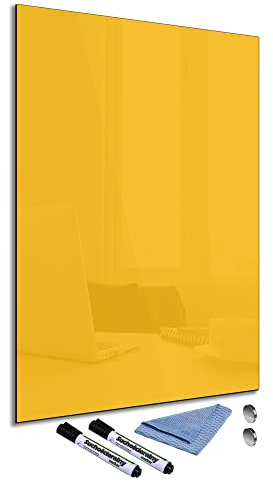 Glas-Magnettafel Gelb 60x90 cm Whiteboard Wand Beschreibbar Magnetisch Pinnwand Küche Office Büro mit Zubehör Wochenplaner Abwischbar Deko Memoboard Tafel