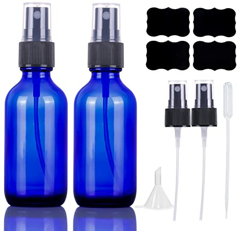 LUFEVRM 2oz Blue Glass Spray Bottles,Empty Small Perfume Travel Refillable Reusable Fine Mister Spray Bottle for Hair,Cleaning Solutions,Aromatherapy and Essential Oil with Extra Nozzle(2 Pack)