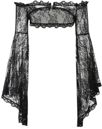 Gothic Bolero Shrugs for Dresses Black Goth Lace Bell Sleeve Crop Top for Women Rave Festival Wedding Evening Sheer Mesh Fairy Core Shrug