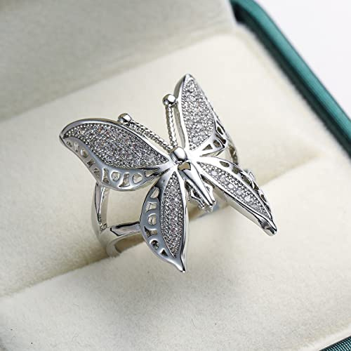 925 Sterling Silver Shiny Butterfly Engagement Diamond Ring True Love Eternal Wedding Ring Open Rings Adjustable for Women Jewelry