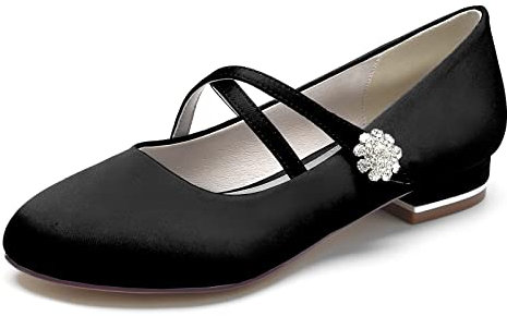 Womens Mary Jane Shoes Satin Wedding Shoes for Bride Cross Strap Ballet Flats Round Toe Satin Diamante Party Bridal Pumps,Black,3 UK