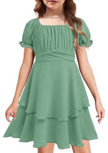 Arshiner Girls' Green Party Dress, 9-10 Years, Knee-Length, Square Off-the-Shoulder Collar, High Waist, A-Line, Short Sleeve, Solid, Lightweight Polyester, Perfect for Parties