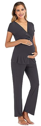 Stillpyjama Lang Damen Schlafanzug Schwangerschaft Kurzarm Baumwolle Zweiteiliger Sleepwear Umstandsmode Stillfunktion Umstandspyjama Hausanzug Schwangerschaft Nachtwäsche für Schwanger (Grey, M)