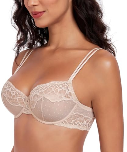 Lemorosy Sujetador Balconette Push up para Mujer Encaje Sexy Flores con Aros (Beige,85E)