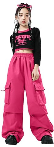 LOLANTA Ragazze Hip Hop Outfit, Top Corto Stampato & Pantaloni Cargo Dance Set, Streetwear alla Moda, Rosa, 11-12 anni, 160