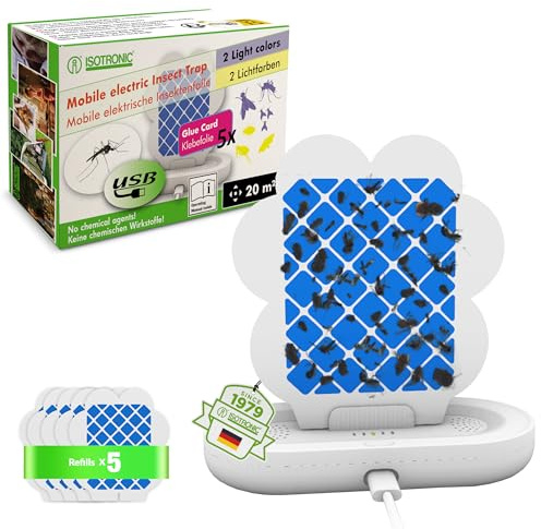 ISOTRONIC Trampa móvil para insectos voladores, trampa para moscas de la fruta para interior, luz para insectos, trampa para mosquitos, trampa para polillas, sin olor, dispositivo + recambios (trampa