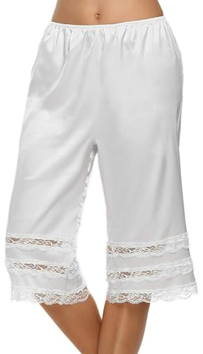 UAURORAO Women Knee Length Silk Shorts Lace Trim Elegant Satin Slip Shorts Coquette Ruffle Pettipants Half Slips French Knickers(Basic White,X-Large)