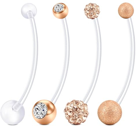 LAURITAMI 4 Pièces 14G Piercing Nombril Grossesse, Piercing Grossesse Nombril Plastique Bioflex 32/38 mm, Percing Barbell Destinés aux Femmes Enceintes