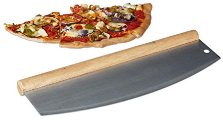 Relaxdays Mezzaluna Tagliapizza, Coltello per Pizza Acciaio Inox con Manico in Legno, Lama con Custodia, Argento