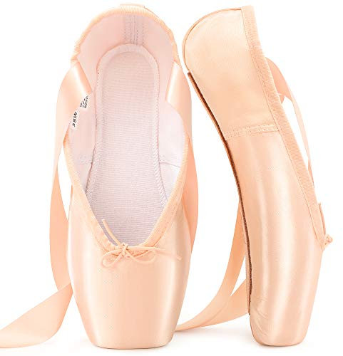 Chaussures de Ballet de Pointe Chaussures de Danse Professionnelles Roses avec Ruban Cousu et Coussinets en Silicone pour Filles Femmes,Rose,34 EU